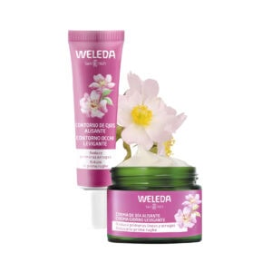 Pack Weleda de cuidado facial alisante e iluminador, com creme e sérum em embalagens naturais.