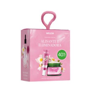 Pack Weleda de cuidado facial alisante e iluminador, com creme e sérum em embalagens naturais.