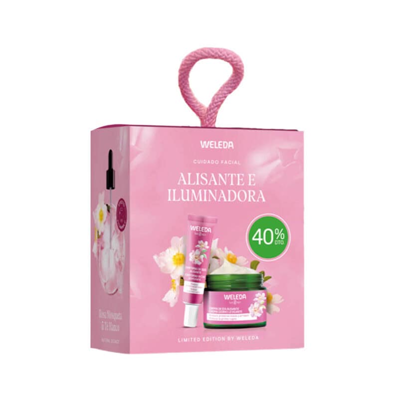 Pack Weleda de cuidado facial alisante e iluminador, com creme e sérum em embalagens naturais.