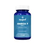Cápsulas de Ómega 7 1000mg New Food em frasco de 60 unidades, suplemento rico em ácidos gordos para hidratação da pele e bem-estar geral.