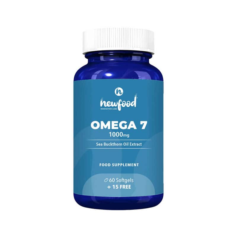 Cápsulas de Ómega 7 1000mg New Food em frasco de 60 unidades, suplemento rico em ácidos gordos para hidratação da pele e bem-estar geral.