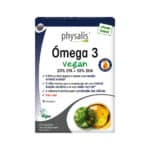 Frasco de Ómega 3 Vegan Physalis com 30 cápsulas, suplemento vegetal rico em ácidos gordos essenciais.