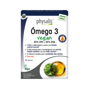Frasco de Ómega 3 Vegan Physalis com 30 cápsulas, suplemento vegetal rico em ácidos gordos essenciais.