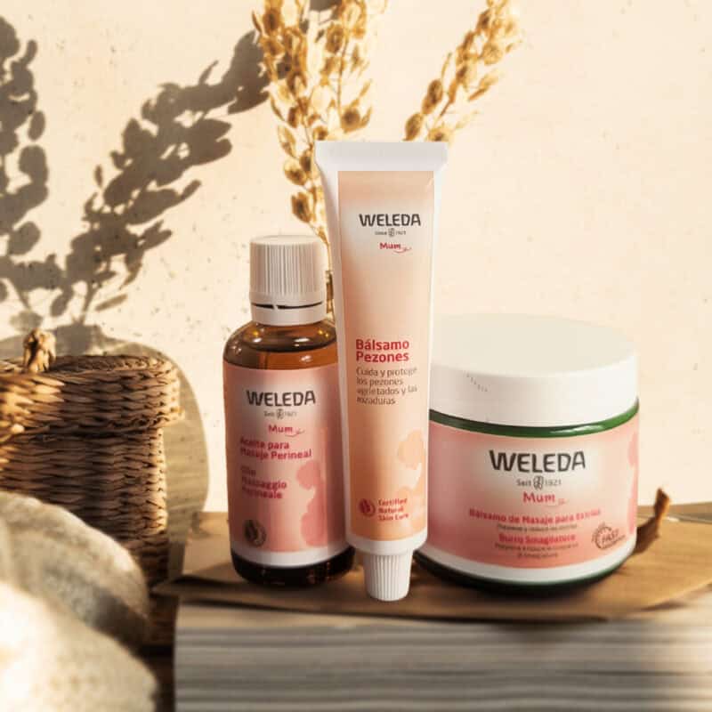 Pack cuidado natural para grávidas Weleda com produtos hidratantes e suavizantes formulados para nutrir e proteger a pele durante a gravidez.