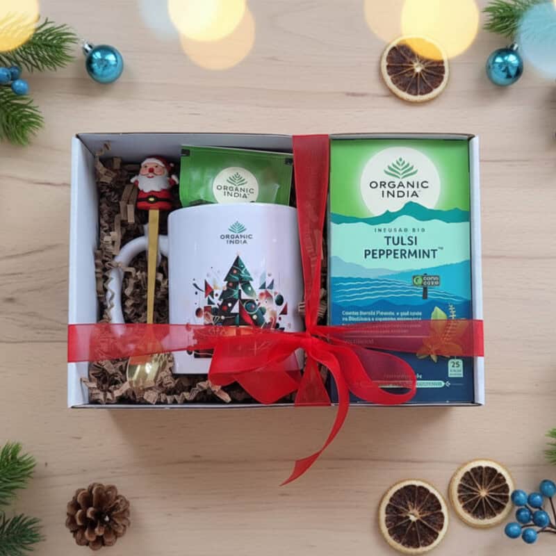 Infusão ayurvédica Tulsi Peppermint Organic India em embalagem de Natal, com mistura biológica de tulsi e hortelã.