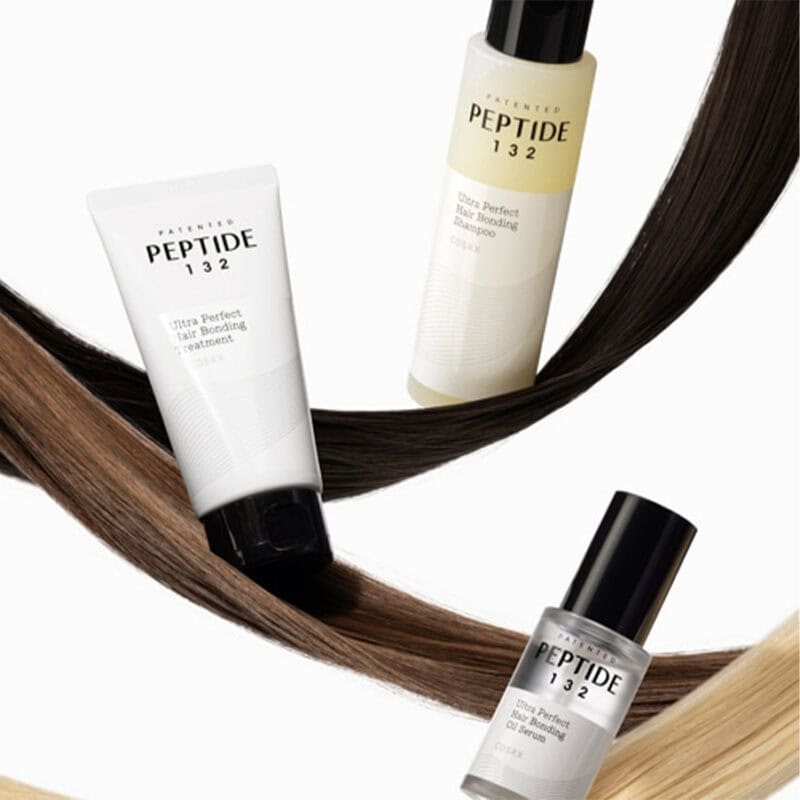 Pack Peptide 132 Ultra Perfect Hair Bonding da Cosrx com produtos de tratamento capilar reparadores para fortalecer e restaurar a fibra do cabelo danificado.