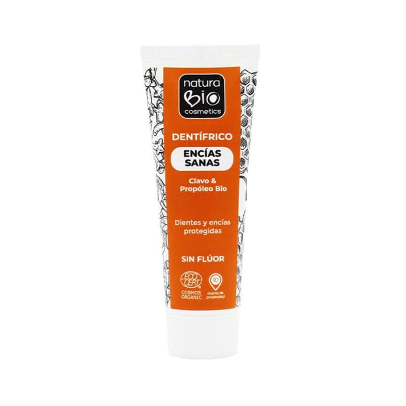 Pasta dentífrica Natura Bio para gengivas sensíveis com cravinho e própolis em embalagem de 75ml, formulada para proteger e acalmar de forma natural.
