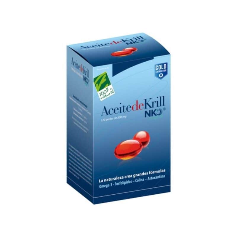 Óleo de Krill NKO Cien por Cien Natural 120 cápsulas suplemento alimentar rico em ómega-3 EPA e DHA