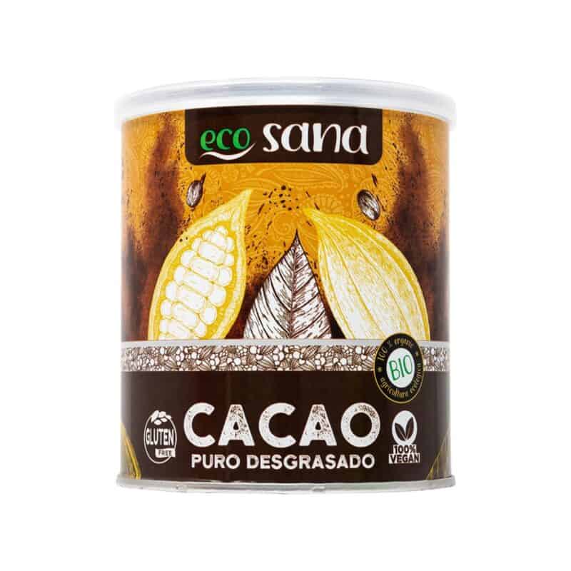 Cacau puro desengordurado biológico Ecosana em pó, embalagem de 275 gramas, ideal para receitas saudáveis e bebidas naturais.