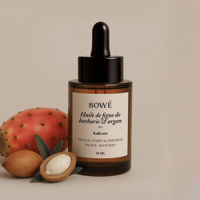 Óleo bio de figo-da-índia e argão da Sowé em frasco de 30ml, ideal para nutrir, regenerar e proteger a pele.