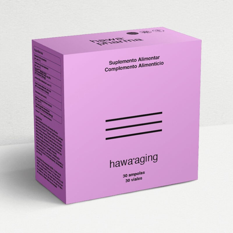 Hawa Aging da Hawa Pharma em ampolas bebíveis, suplemento alimentar para apoio antioxidante e bem-estar geral.