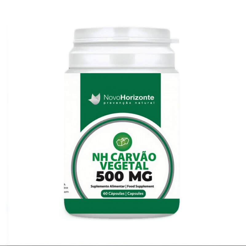 NH Carvão Vegetal 500mg 60 cápsulas da Novo Horizonte em frasco branco.