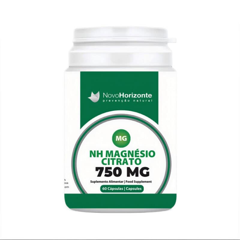 NH Magnésio Citrato 750mg 60 cápsulas da Novo Horizonte em frasco branco.