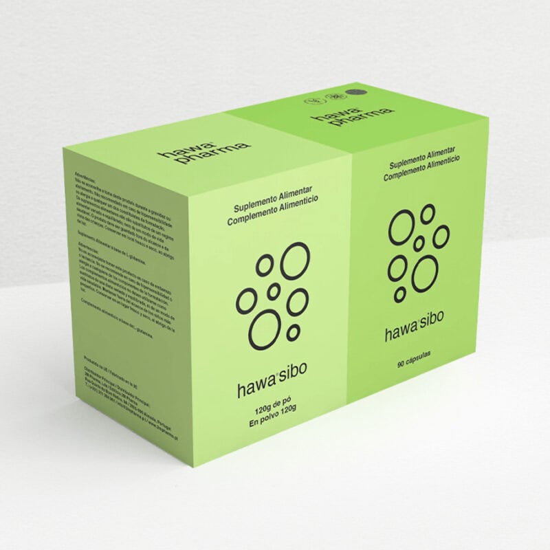 Hawa Sibo Kit da Hawa Pharma com pó de 120 gramas e 90 cápsulas, suplemento alimentar para apoio digestivo e equilíbrio intestinal.