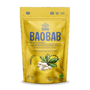 Baobab em pó Iswari 125gr obtido a partir do fruto do baobá, rico em fibra e vitamina C, ideal para batidos e receitas saudáveis