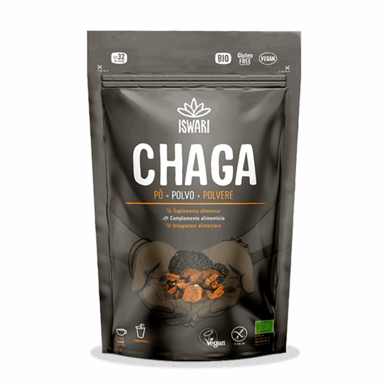 Cogumelo Chaga em pó Iswari 100g, suplemento natural de chaga (Inonotus obliquus), ideal para bebidas e receitas funcionais.