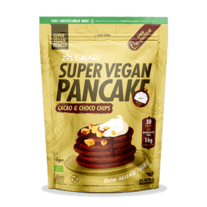 Mistura Super Vegan para Panquecas de Cacau com Pepitas de Chocolate da Iswari, embalagem de 750 g, ideal para pequenos-almoços e snacks veganos.