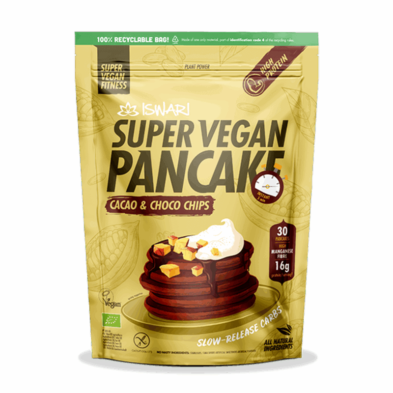 Mistura Super Vegan para Panquecas de Cacau com Pepitas de Chocolate da Iswari, embalagem de 750 g, ideal para pequenos-almoços e snacks veganos.