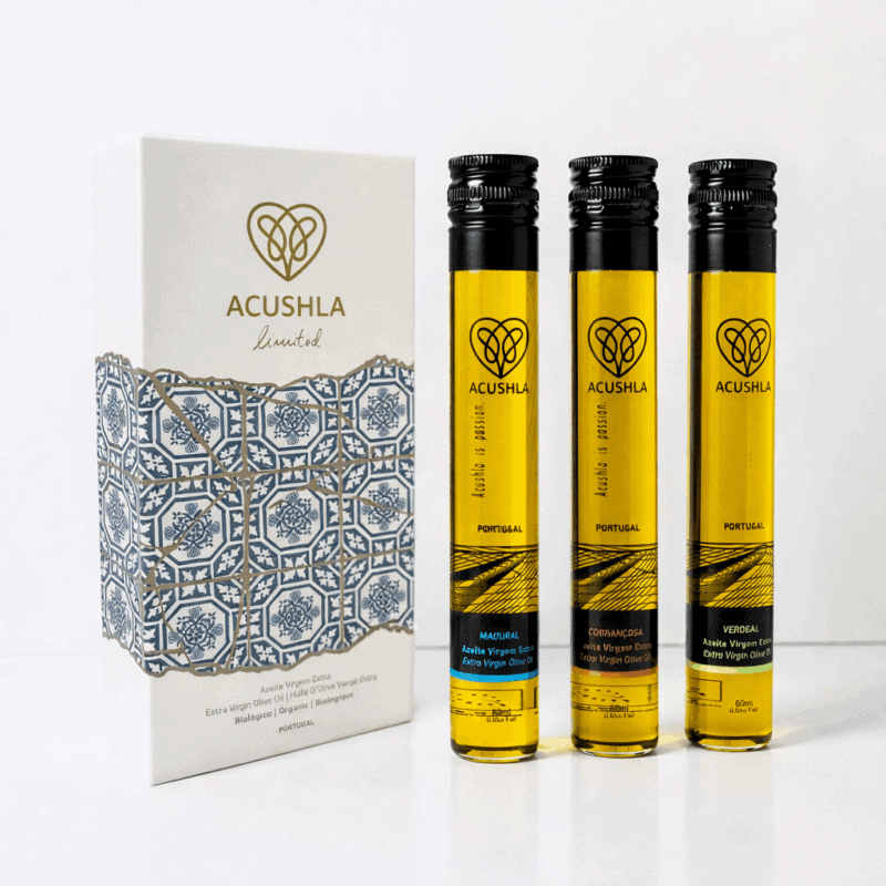 Pack original Acushla com azeite virgem extra das variedades Verdeal Madural e Cobrançosa em frascos de 60ml