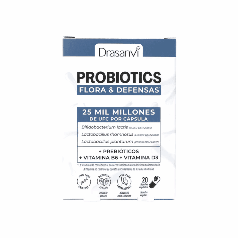 Probiotics Flora e Defesas 20 cápsulas Drasanvi suplemento probiótico para equilíbrio da flora intestinal e reforço do sistema imunitário.