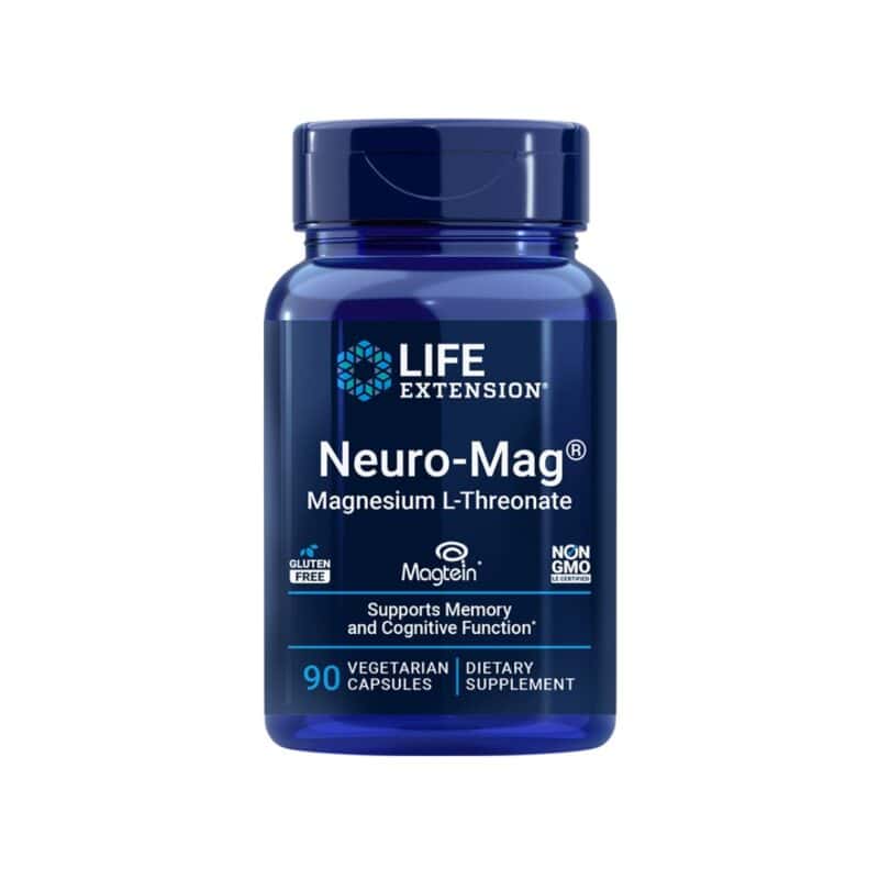 Neuro-Mag Magnésio L-Treonato Life Extension em cápsulas, suplemento alimentar para apoio à função cognitiva e saúde cerebral.