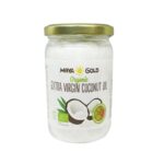 Óleo de Côco Bio Extra Virgem 450g Maya Gold em frasco de vidro, óleo biológico prensado a frio para uso alimentar e culinário.