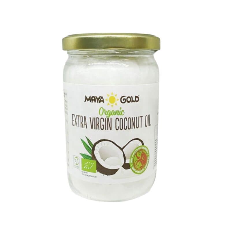 Óleo de Côco Bio Extra Virgem 450g Maya Gold em frasco de vidro, óleo biológico prensado a frio para uso alimentar e culinário.
