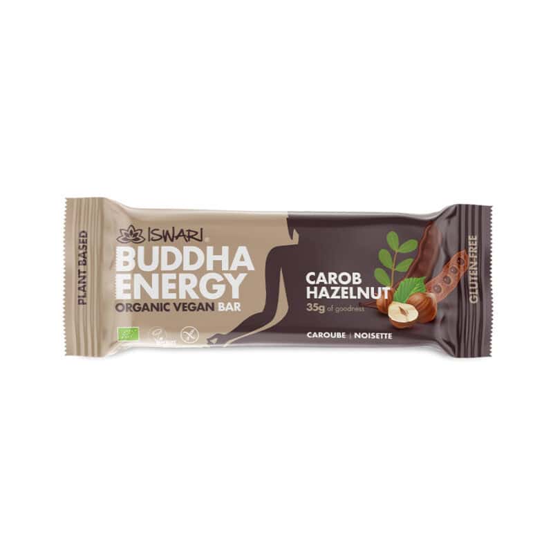 Barra energética Buddha Energy Bar Iswari de alfarroba e avelã em embalagem individual de 35g