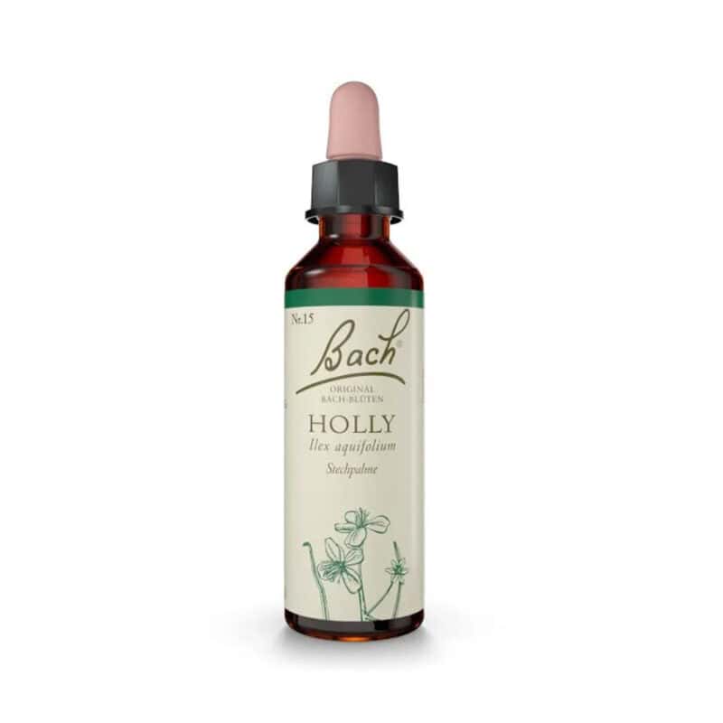 Holly Floral de Bach Original em frasco de 20 ml, essência floral tradicional associada ao bem-estar emocional.