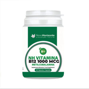 NH Vitamina B12 1000mcg Metilcobalamina 60 cápsulas da Novo Horizonte em frasco branco.