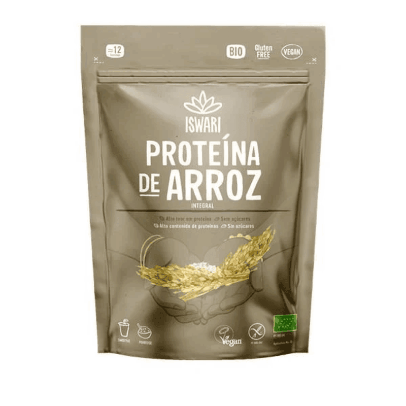 Proteína de arroz integral em pó Iswari 250g, fonte vegetal de proteína, ideal para batidos e receitas, hipoalergénica e de fácil digestão.