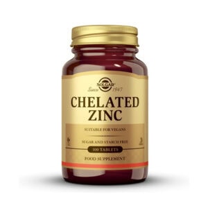 Solgar Zinco Quelado 22mg com 100 comprimidos, suplemento alimentar com zinco aminoquelado de fácil absorção.