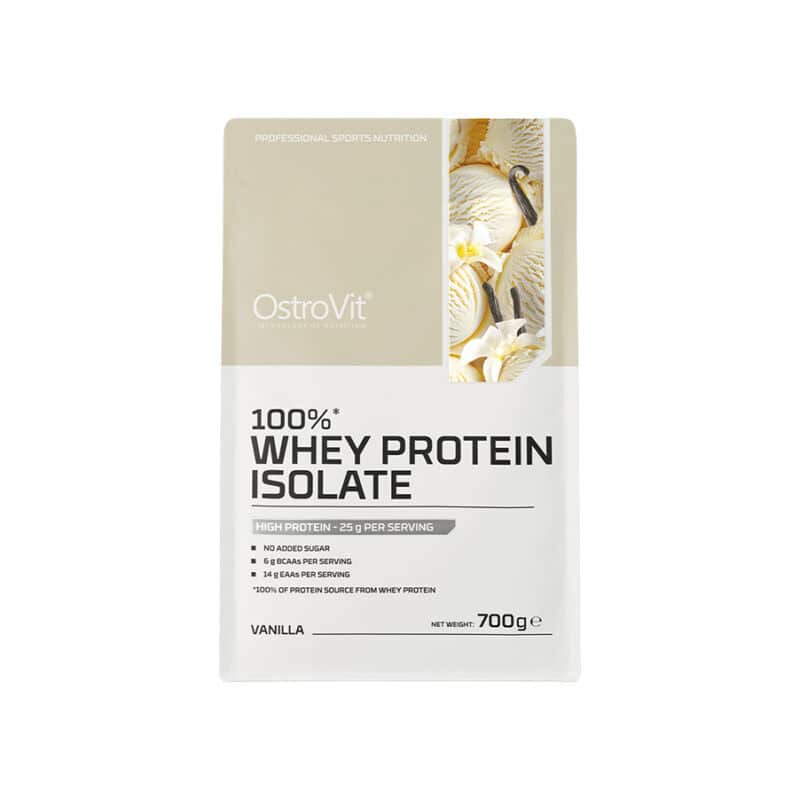 100% Whey Isolate Vanilla 700gr OstroVit, suplemento proteico em pó com isolado de proteína do soro do leite e sabor baunilha.