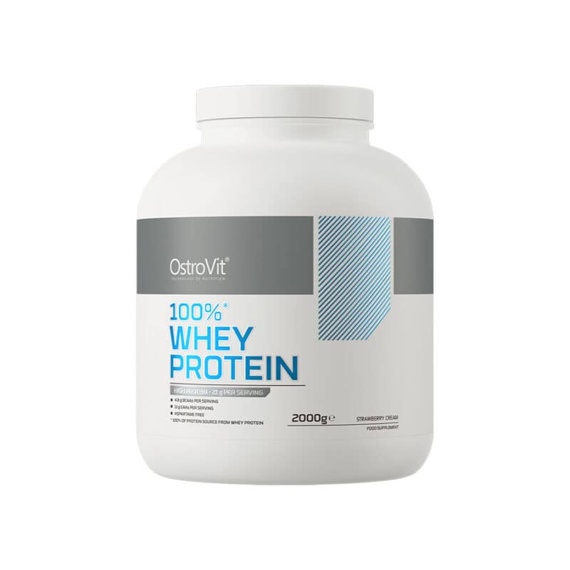 100% Whey Protein Creamy Strawberry 2kg OstroVit, suplemento proteico em pó com concentrado de proteína do soro do leite.
