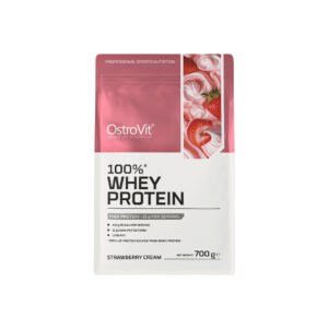 100% Whey Protein Creamy Strawberry 700gr OstroVit, suplemento proteico em pó com concentrado de proteína do soro do leite.