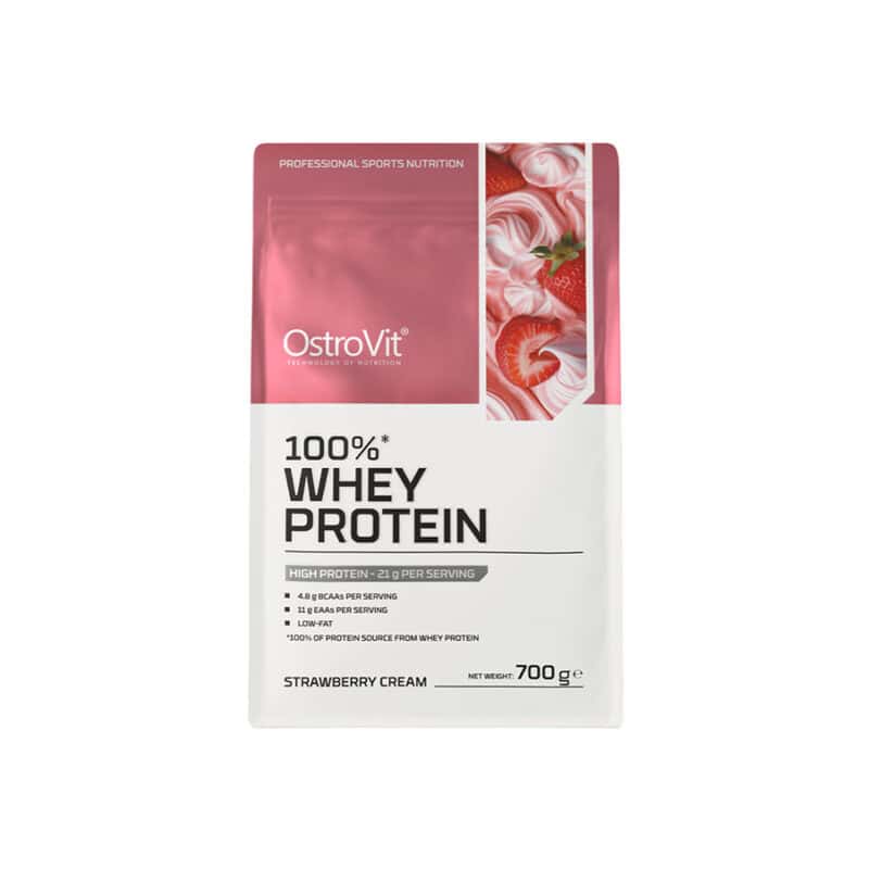 100% Whey Protein Creamy Strawberry 700gr OstroVit, suplemento proteico em pó com concentrado de proteína do soro do leite.