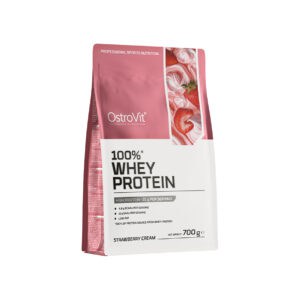 100% Whey Protein Creamy Strawberry 700gr OstroVit, suplemento proteico em pó com concentrado de proteína do soro do leite.