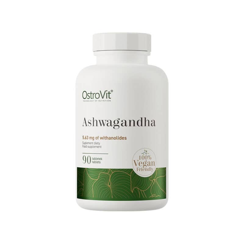 Ashwagandha OstroVit com 90 comprimidos, suplemento alimentar de origem vegetal para bem-estar diário.