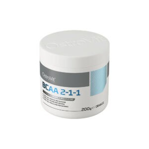 BCAA 2-1-1 Laranja 200gr OstroVit, suplemento alimentar em pó com aminoácidos de cadeia ramificada L-leucina, L-isoleucina e L-valina, sabor laranja.