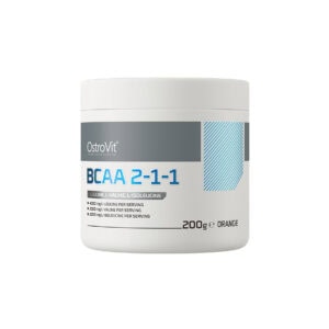 BCAA 2-1-1 Laranja 200gr OstroVit, suplemento alimentar em pó com aminoácidos de cadeia ramificada L-leucina, L-isoleucina e L-valina, sabor laranja.