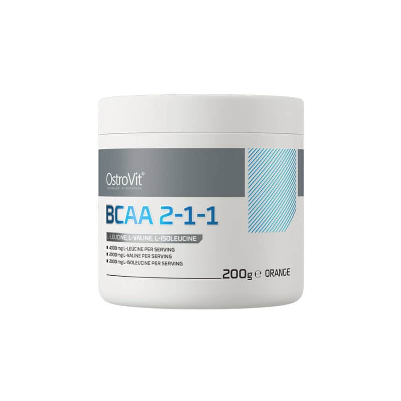 BCAA 2-1-1 Laranja 200gr OstroVit, suplemento alimentar em pó com aminoácidos de cadeia ramificada L-leucina, L-isoleucina e L-valina, sabor laranja.