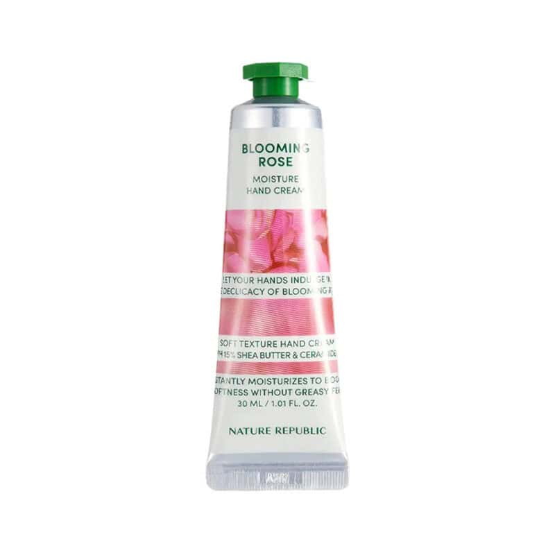 Creme de mãos hidratante Blooming Rose 30ml da Nature Republic com fragrância floral de rosa e embalagem delicada.