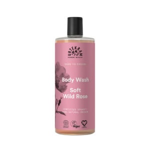 Gel de Banho Rosa Selvagem 500ml da Urtekram em frasco verde.