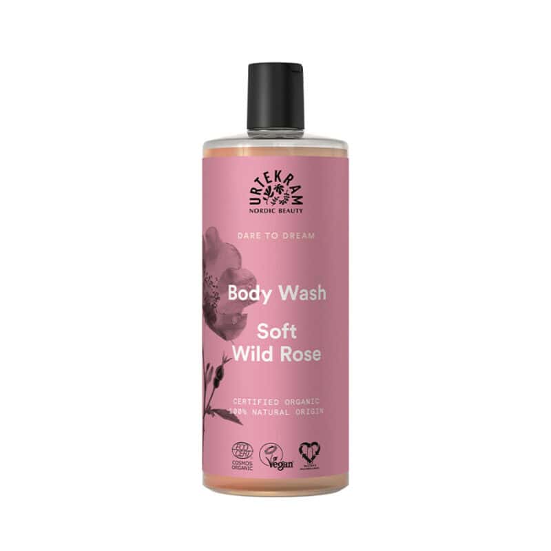 Gel de Banho Rosa Selvagem 500ml da Urtekram em frasco verde.