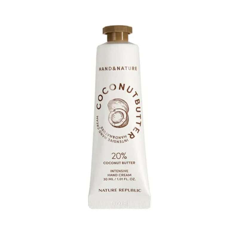 Creme de mãos intensivo Manteiga de Coco 30ml da Nature Republic com textura nutritiva e embalagem tropical.