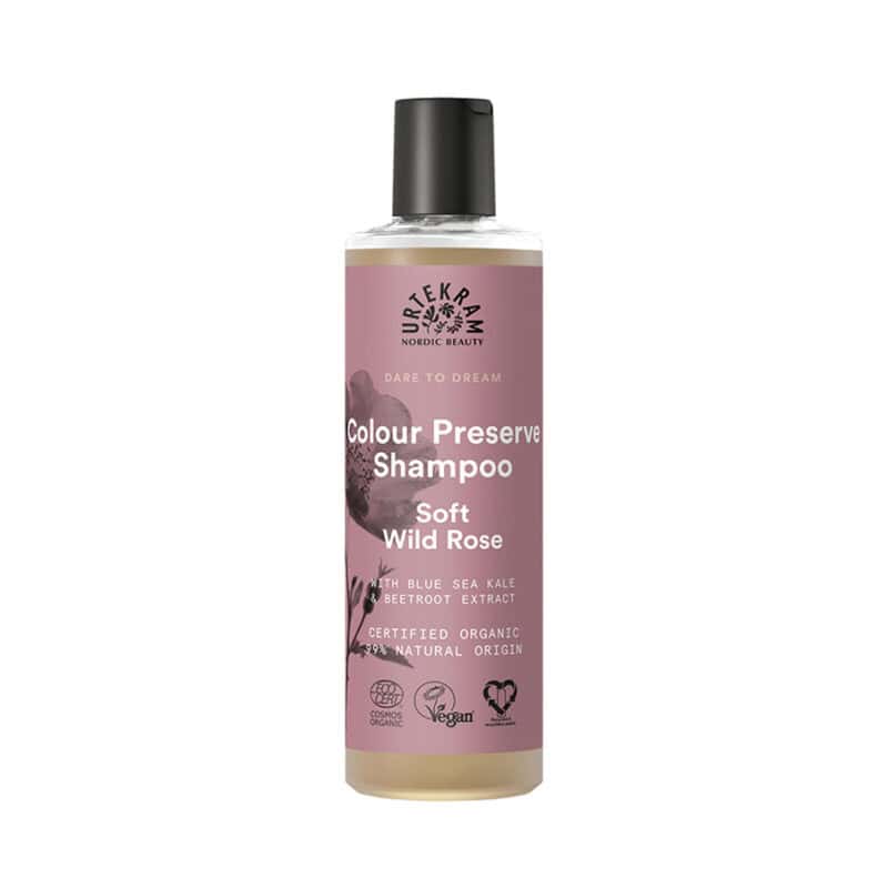 Shampoo de Rosa Selvagem para cabelo pintado 250ml da Urtekram em frasco verde.