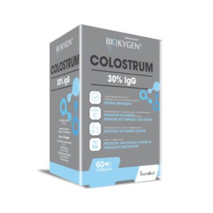 Colostrum 30% IgG 60 Cápsulas Biokygen, suplemento alimentar com colostro bovino, zinco e vitaminas para apoio ao sistema imunitário.