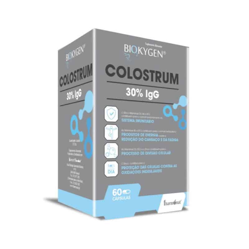 Colostrum 30% IgG 60 Cápsulas Biokygen, suplemento alimentar com colostro bovino, zinco e vitaminas para apoio ao sistema imunitário.