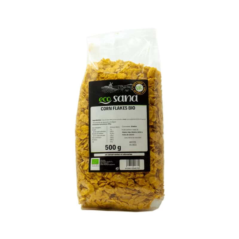 Corn Flakes biológicos Ecosana 500g cereais de milho crocantes para pequeno-almoço saudável.