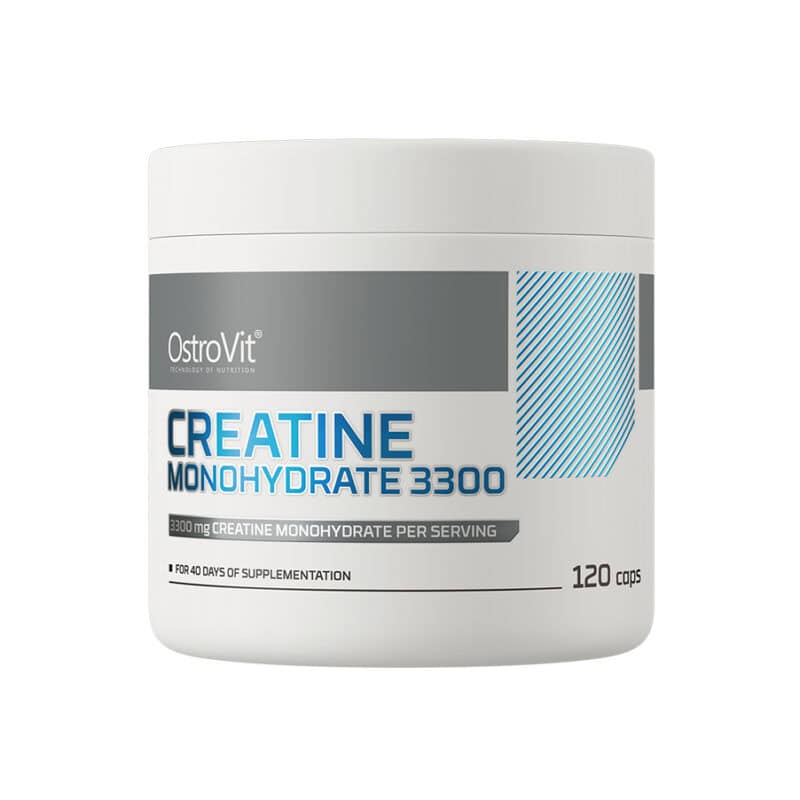 Creatine Monohydrate 3300mg 120 cápsulas OstroVit, suplemento de creatina em cápsulas para apoio ao desempenho físico.